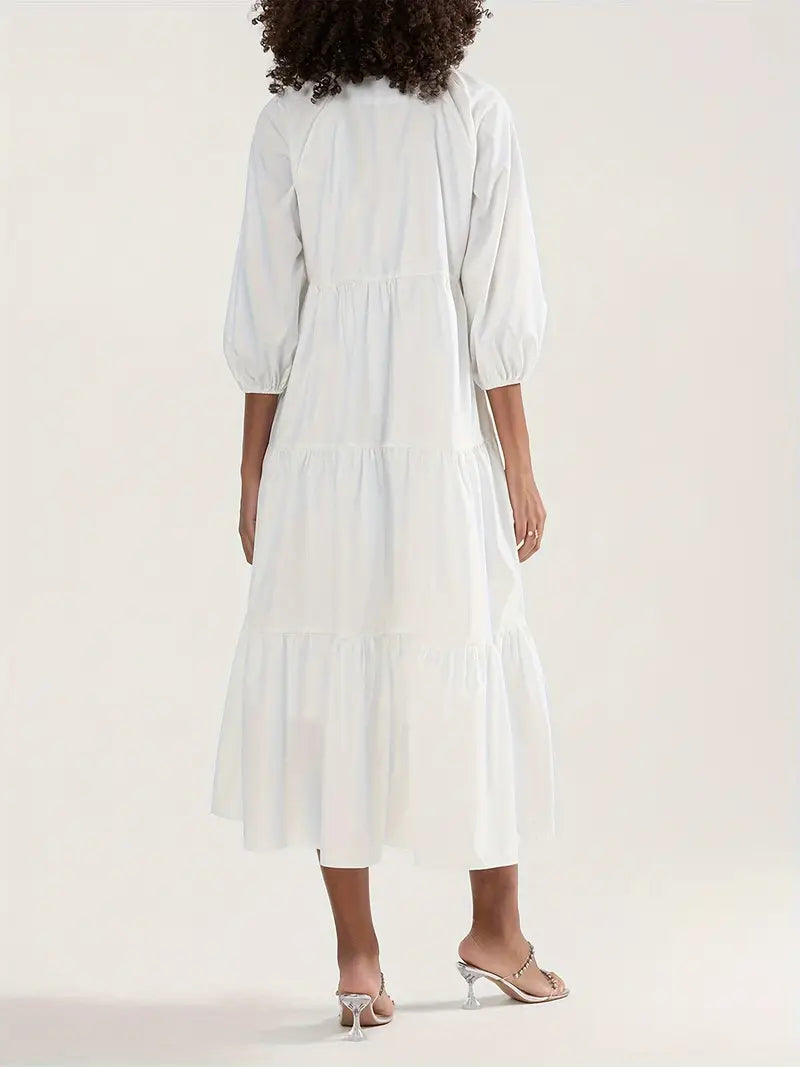 Women's Elegant Long Sleeve A-Line Midi Dress with Tie-Front Detail