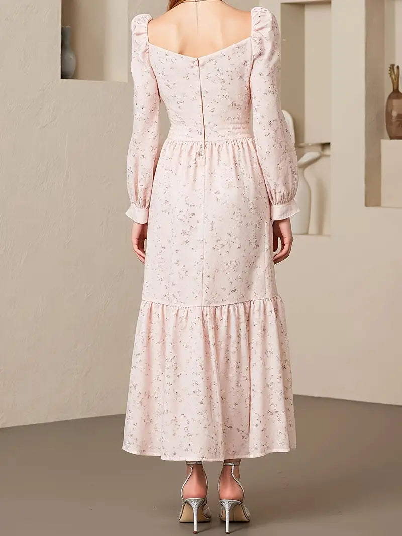 Women's French Floral Square Neck Dress with Waist-Cinching Belt