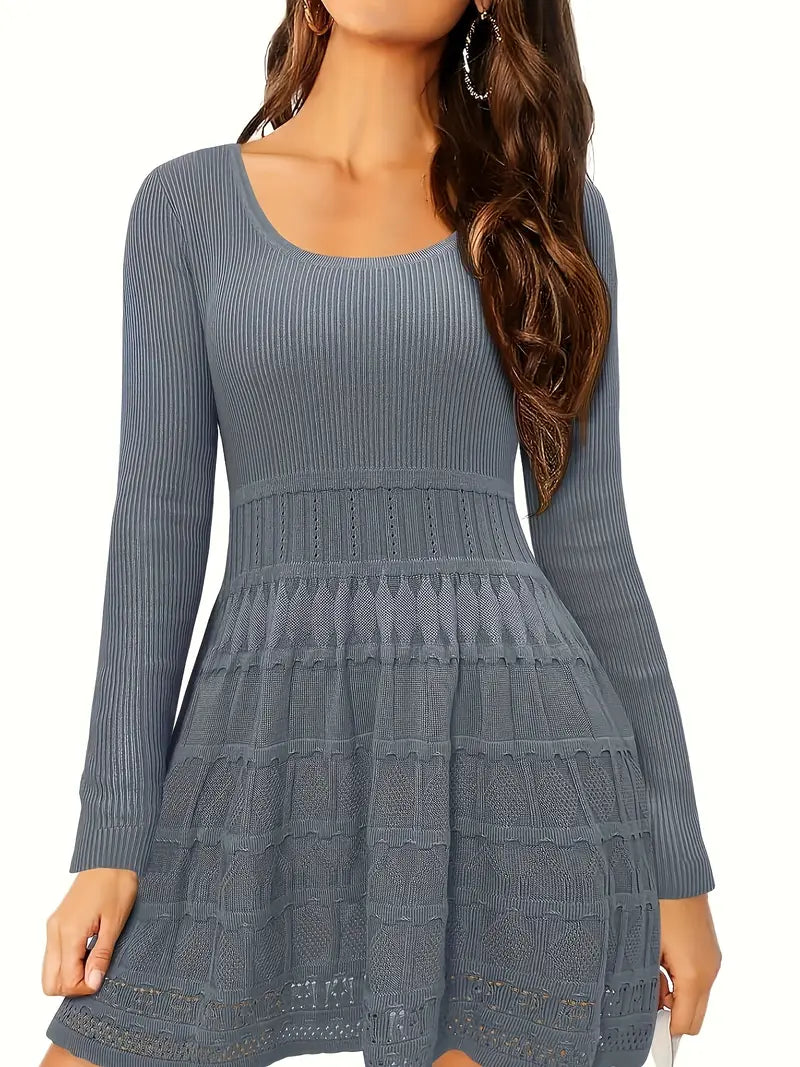 Viscose Knit A-Line Flowy Scoop Neck Long Sleeve Sweater Dress for Women