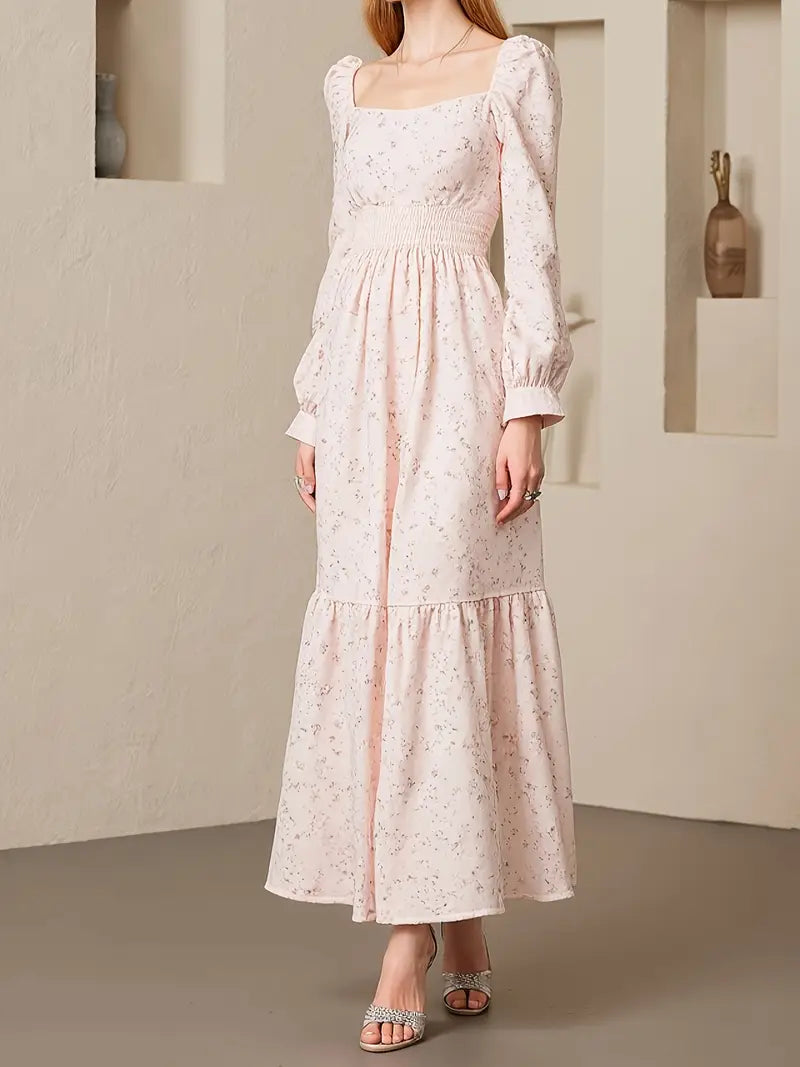 Women's French Floral Square Neck Dress with Waist-Cinching Belt