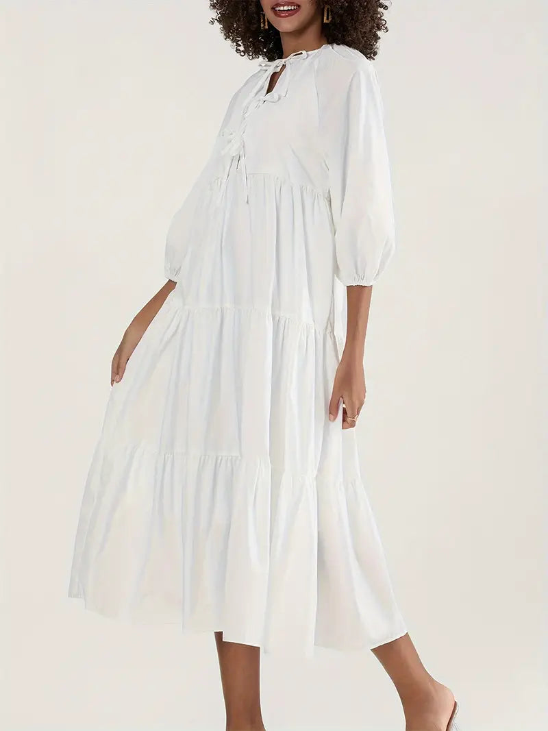 Women's Elegant Long Sleeve A-Line Midi Dress with Tie-Front Detail