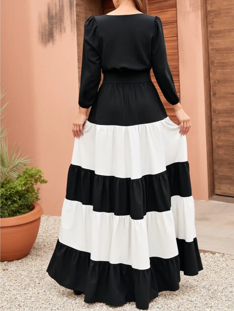 Elegant Black & White Striped Maxi Dress with Smocked Waist Tie