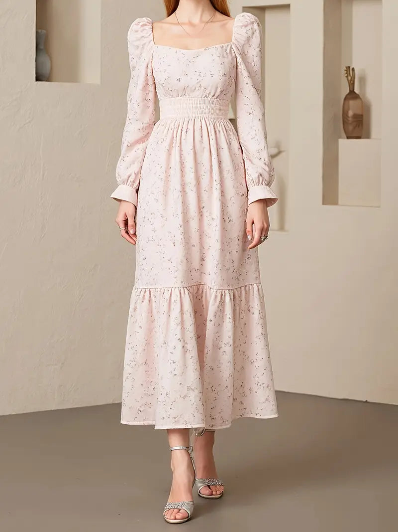 Women's French Floral Square Neck Dress with Waist-Cinching Belt