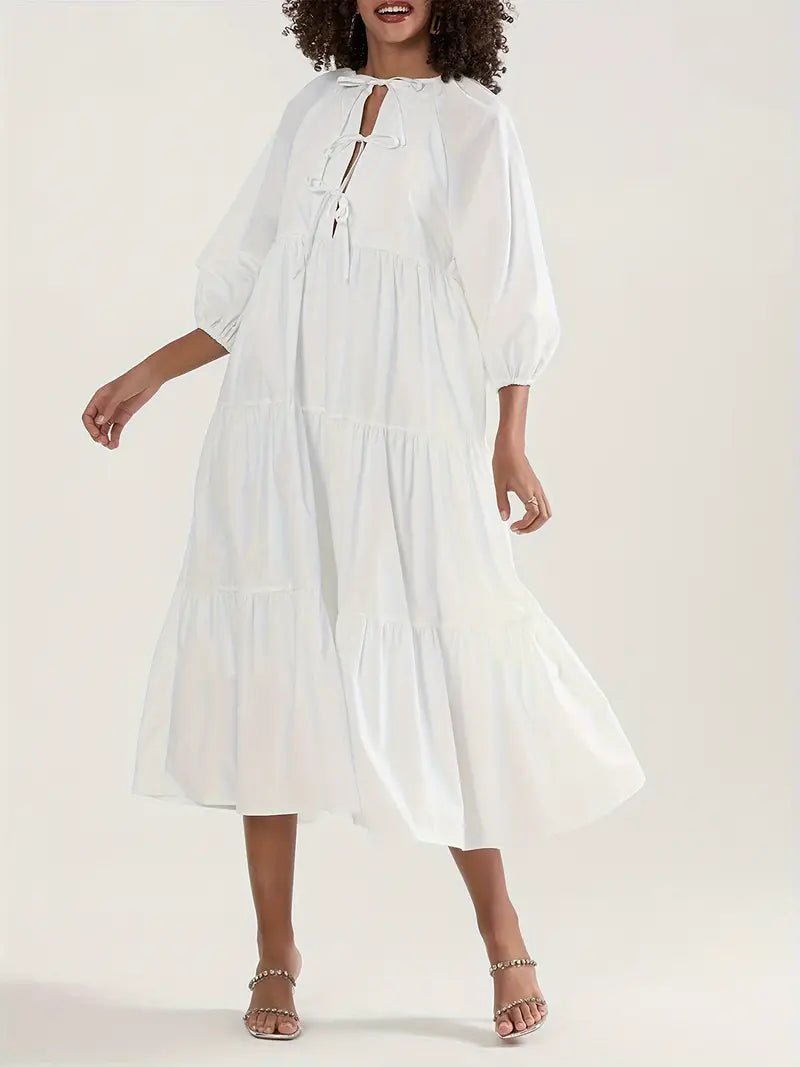 Women's Elegant Long Sleeve A-Line Midi Dress with Tie-Front Detail