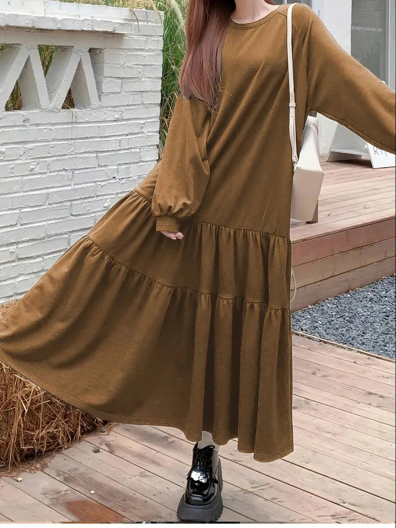 Women'S Cozy Brown Ruffled Midi Dress