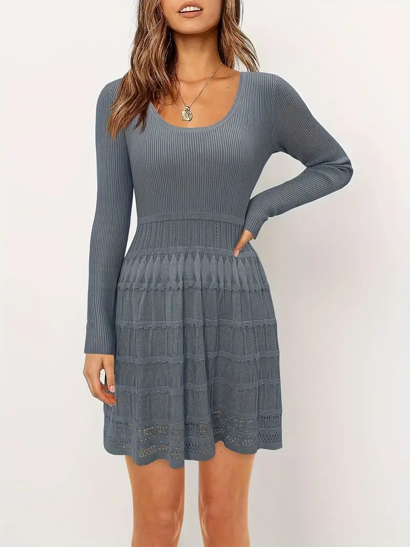 Viscose Knit A-Line Flowy Scoop Neck Long Sleeve Sweater Dress for Women