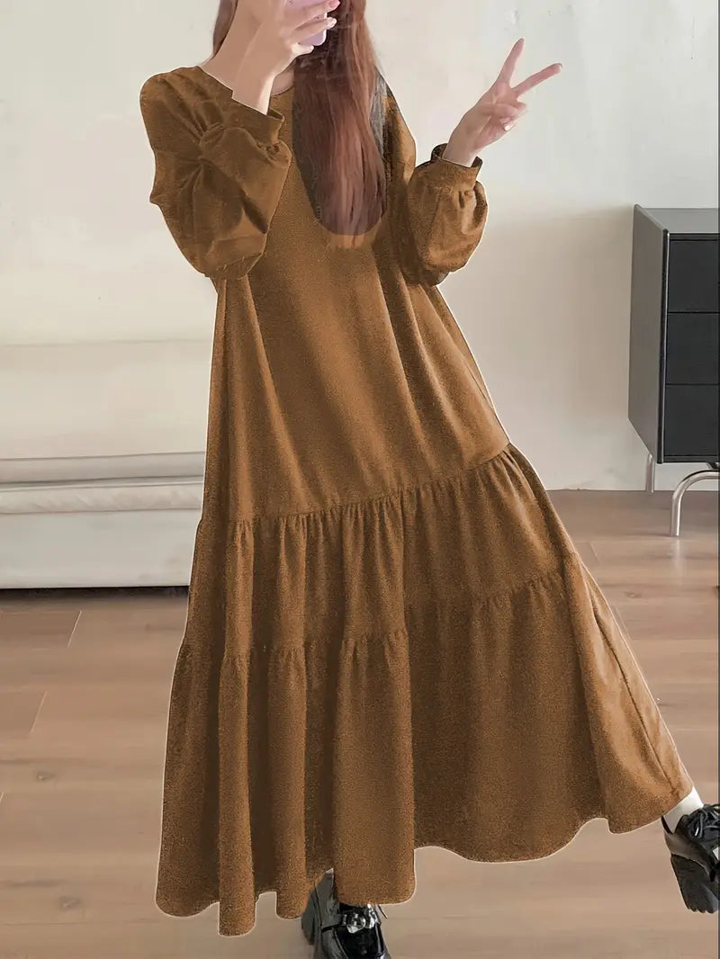 Women'S Cozy Brown Ruffled Midi Dress
