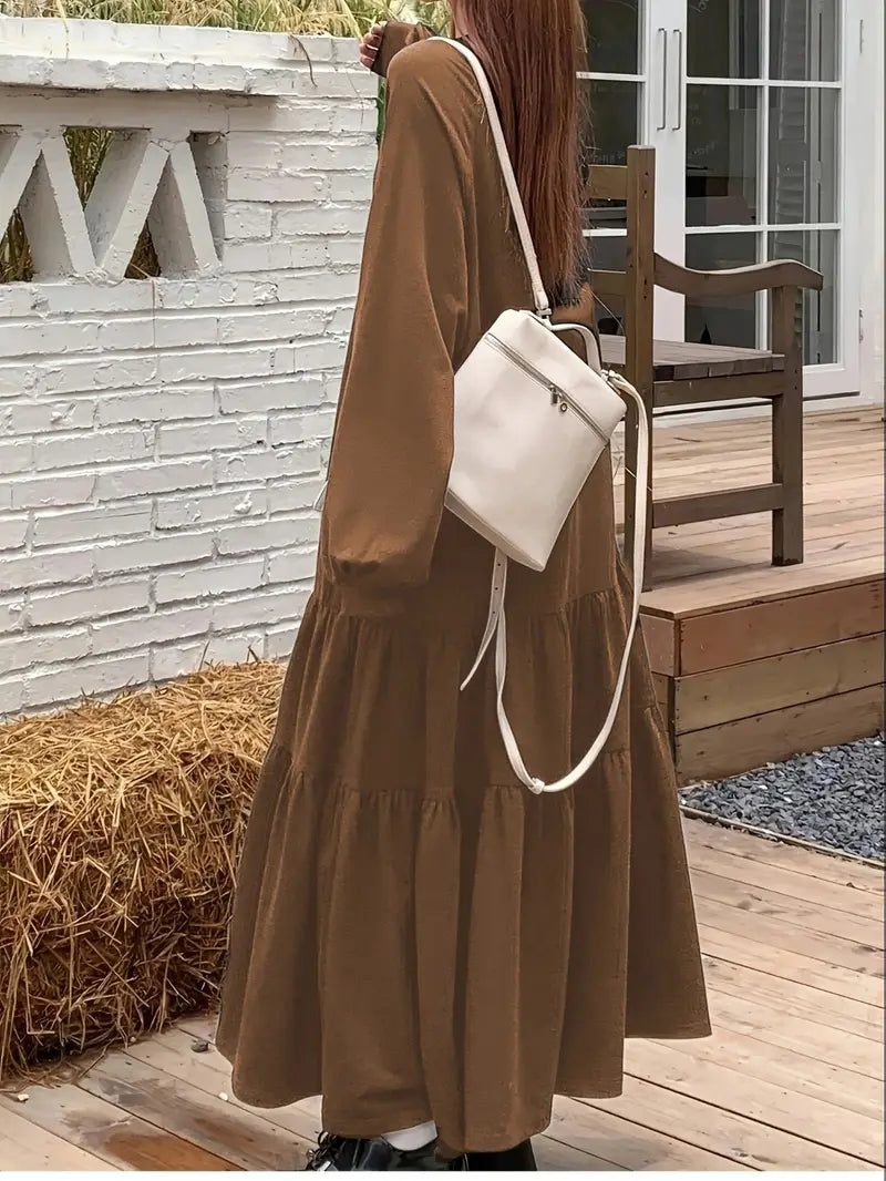 Women'S Cozy Brown Ruffled Midi Dress