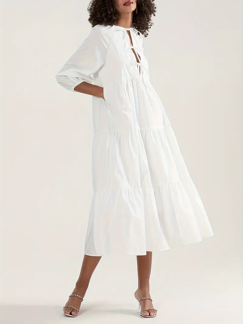 Women's Elegant Long Sleeve A-Line Midi Dress with Tie-Front Detail