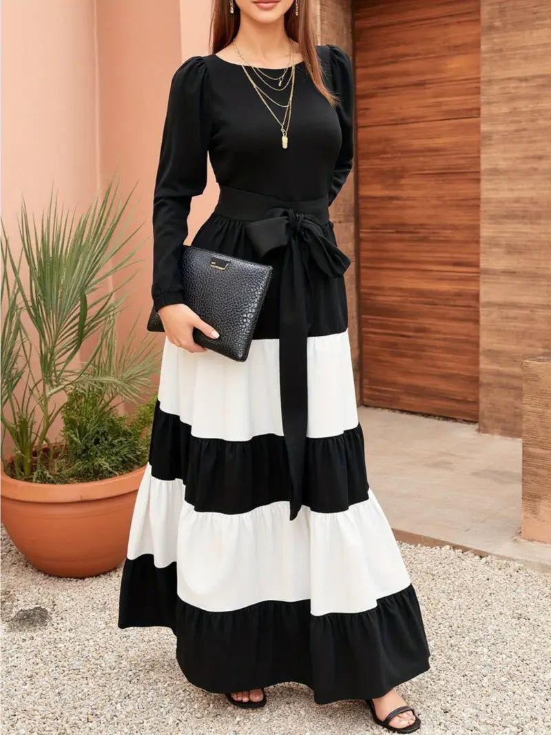 Elegant Black & White Striped Maxi Dress with Smocked Waist Tie